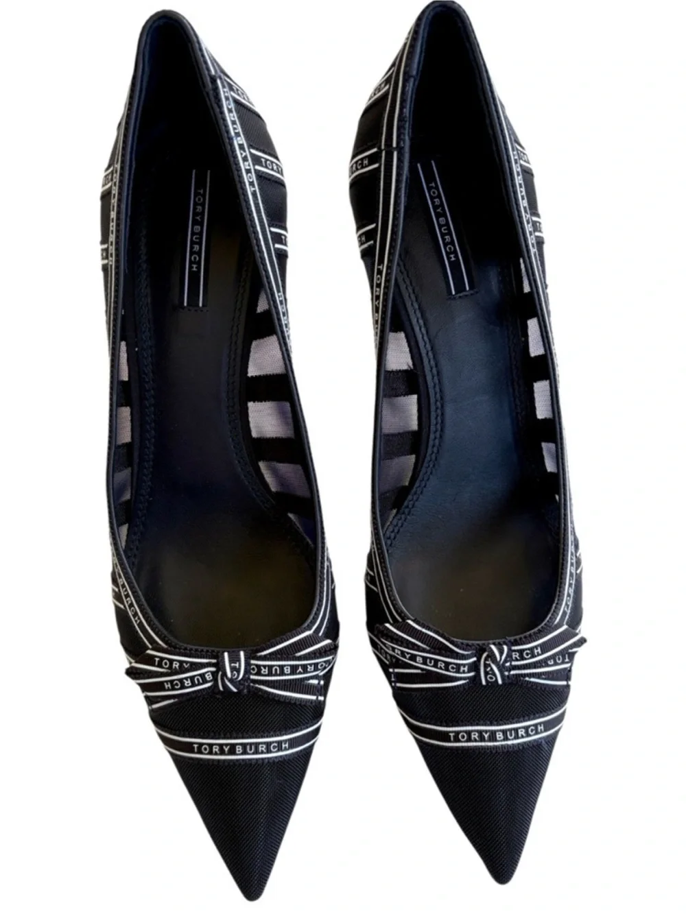 EUC Tory Burch Penelope Mesh Logo Pumps Black White Size 8.5 Retail $490.00